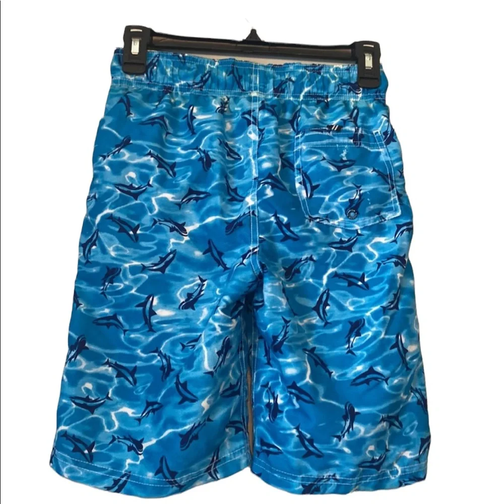 Nautical Shark Print Boys’ Turquoise Swim Trunks